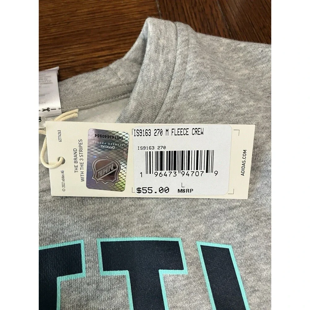 Men’s Adidas Size L Seattle Kraken Grey Fleece Crew Neck Sweater NWT